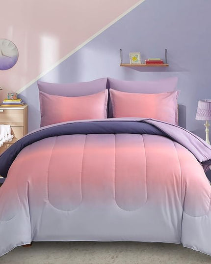 6 Pieces Comforter Set Twin Size for Girls - Gradient Pink and Purple All Season Teens Comforter Bedding Set, Ultra-Soft Fluffy Down Alternative Microfiber Bed in a Bag for Kids - LeafyLoom