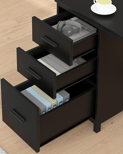HSH Large Black L Shaped Desk, Corner Wood Computer Desk with Drawer, Modern Work Home Office Desk with Storage Cabinet, Industrial Executive PC Study Writing Desk for Living Bedroom, Black, 59 Inch - LeafyLoom