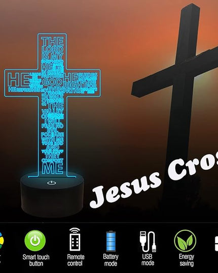 FULLOSUN Jesus Cross 3D Night Light, Christ Optical Illusion Lights 16 Colors Change with Remote Control, The Lord Desk Lamps Room Home Decor Xmas Birthday Easter Gifts - LeafyLoom