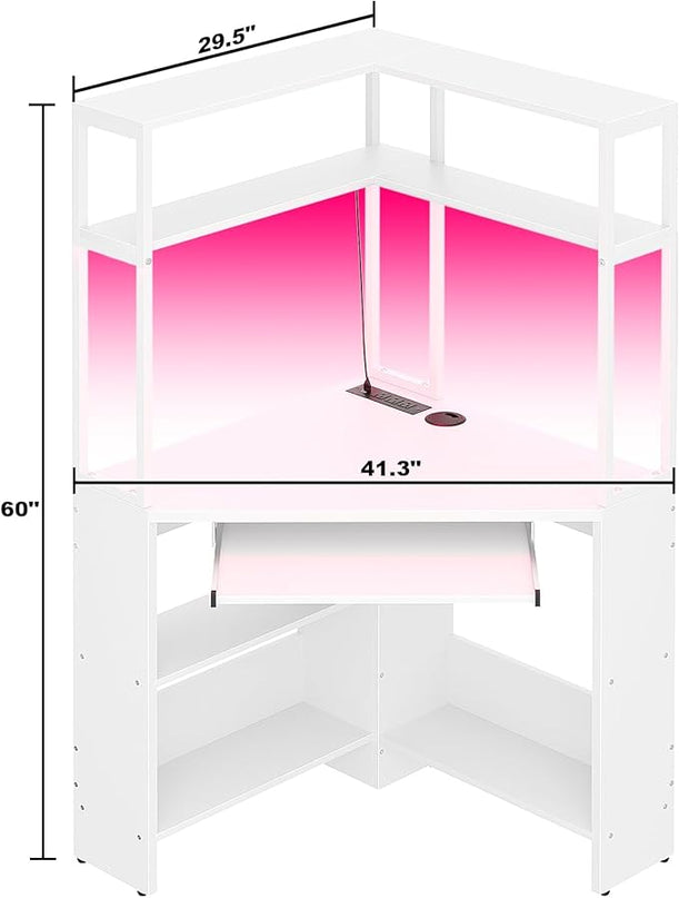 Cyclysio Small Corner Desk with Hutch, Heavy Duty Corner Computer Desk with Power Outlets & LED Light, Triangle Corner Gaming Desk with Keyboard Tray for Home Office, Small Space, Workstation White - LeafyLoom