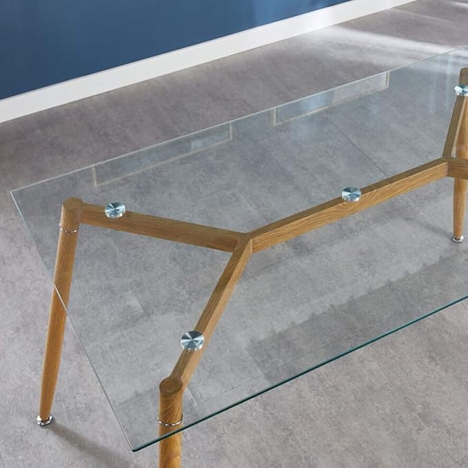 IDS Home Office Furniture Contemporary Computer Desk, 0.31” inch Tempered Transparent Glass Tabletop Writing Table (Metal Leg(Wooden Skin)) - LeafyLoom