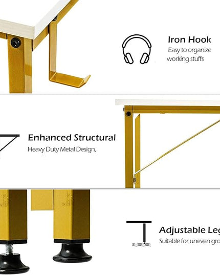 Lufeiya Small Computer Desk White Writing Table for Home Office Small Spaces 31 Inch Modern Student Study Laptop PC Desks with Gold Legs Storage Bag Headphone Hook,White Gold - LeafyLoom