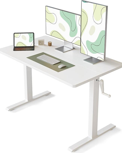 FEZIBO Crank Height Adjustable Desk, 48 Inches Manual Standing Desk, Writing Table with Handle, Home Office Desk with White Frame/White Table Top - LeafyLoom