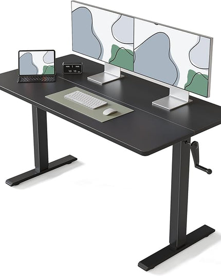 FEZIBO Crank Height Adjustable Desk, 55 Inches Manual Standing Desk, Writing Table with Handle, Home Office Desk with Black Frame/Black Table Top - LeafyLoom