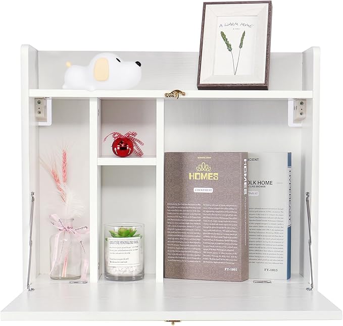 YUSING Wall Mounted Table, Multifunctional Fold Down Wall Mounted Laptop Computer Desk with Storage Compartments for Home, Office, White - LeafyLoom