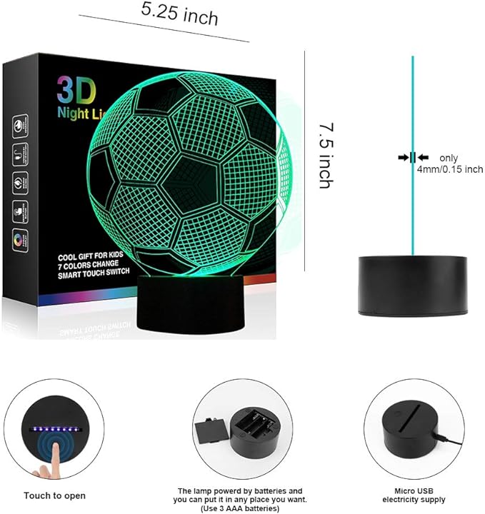 Wiscky Soccer Night Lights for Kids 3D Illusion Football Lights Lamp 7 LED Colors Changing Touch Table Desk Lamps Decorative Lighting Cool Toys Gifts Birthday Holiday Xmas Gifts Sports Theme Fans - LeafyLoom
