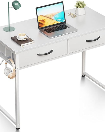 ODK 40 Inch Small Desk with Fabric Drawers- for Bedroom, White Vanity Desk with Storage, Home Office Computer Desk for Small Spaces, Modern Work Writing Study Table, White - LeafyLoom
