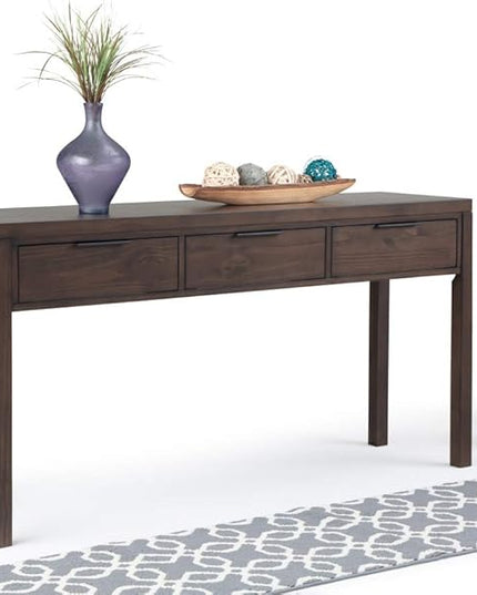 SIMPLIHOME Hollander SOLID WOOD 60 inch Wide Wide Console Sofa Entryway Table in Warm Walnut Brown with Storage, 3 Drawers , for the Living Room, Entryway and Bedroom - LeafyLoom