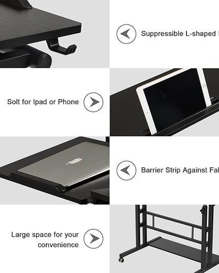 Hadulcet Stand Up Desk, Rolling Desk Adjustable Height, Mobile Standing Desk with Wheels & Charging Station, Portable Desk for Laptop, Rolling Computer Cart TV Tray, Small Standing Desk Drawing Desk - LeafyLoom