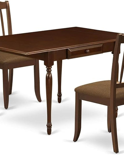 East West Furniture MZDA3-MAH-C Monza 3 Piece Kitchen Set for Small Spaces Contains a Rectangle Dining Table with Dropleaf and 2 Linen Fabric Upholstered Chairs, 36x54 Inch - LeafyLoom