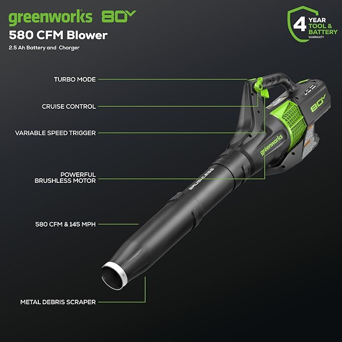 Greenworks Pro 80V (145 MPH / 580 CFM) Brushless Cordless Axial Leaf Blower, 2.5Ah Battery and Charger Included BL80L2510 & PRO 80V 2.0Ah Lithium-Ion Battery (Genuine Battery) - LeafyLoom
