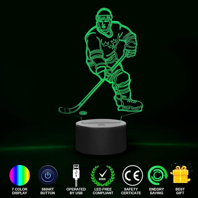 Hockey Player 3D Night Light Lamps for Kids 7 LED Color Changing Touch Table Desk Lamps Lighting Cool Toys Gifts Birthday Xmas Decoration for Sports Hockey Fan - LeafyLoom