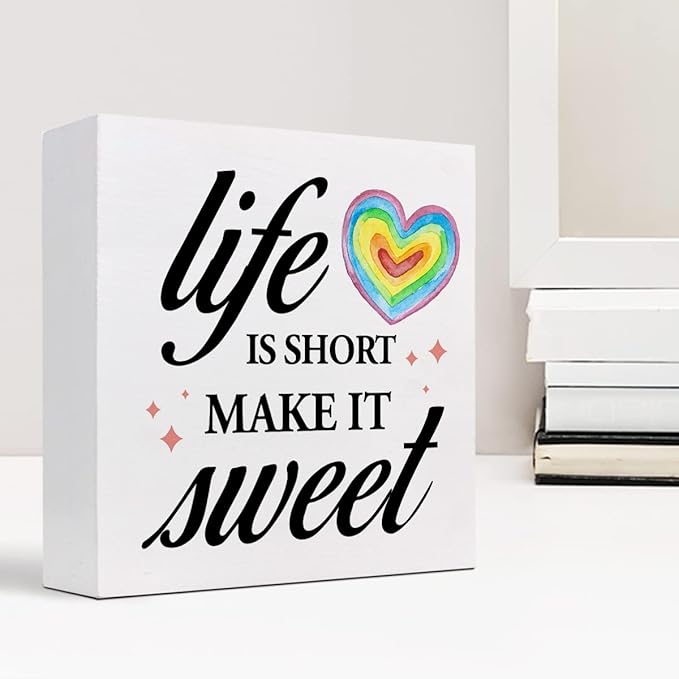 Life Is Short Make It Sweet Sign,Inspirational Quote Wood Box Sign,Motivational Signs Wooden Block Rainbow Decorations for Home Office Shelf Decor - LeafyLoom