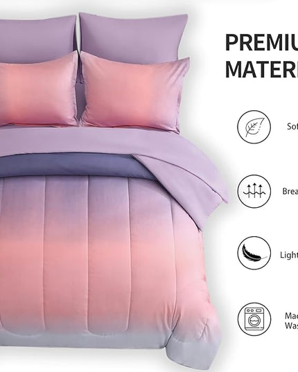 6 Pieces Comforter Set Twin Size for Girls - Gradient Pink and Purple All Season Teens Comforter Bedding Set, Ultra-Soft Fluffy Down Alternative Microfiber Bed in a Bag for Kids - LeafyLoom
