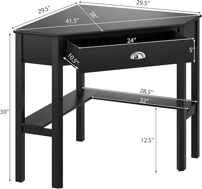 Nightcore Small, Wood Computer Desk, Compact Writing w/Drawer & Storage Shelves, Space Saving Study Workstation, Laptop PC Corner Table, Black - LeafyLoom