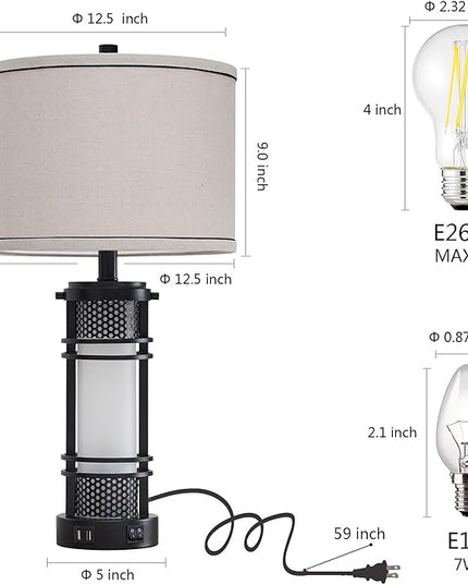 Set of 2 Modern Table Lamps for Living Room, Contemporary Nightstand Lamp with Dual USB Port, Bedside Lamps with White Frosted Glass Night Light for Bedroom, 4 Bulbs Included (Black) - LeafyLoom