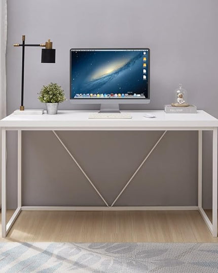 Home Office Desk, Metal and Wood Computer Desk, Modern Rustic Work Study Writing Table for Living Room Bedroom, White Oak, 55 inch - LeafyLoom