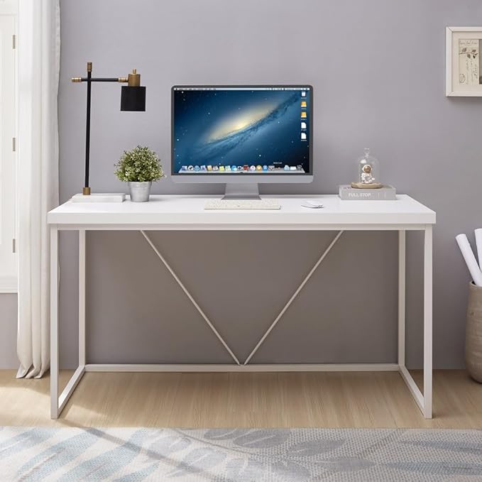 Home Office Desk, Metal and Wood Computer Desk, Modern Rustic Work Study Writing Table for Living Room Bedroom, White Oak, 55 inch - LeafyLoom