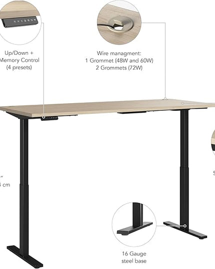 Bush Business Furniture Move 60 Series 72W x 30D Electric in Natural Elm with Black Base, Ergonomic Sit-Stand Computer Table for Home and Professional Office - LeafyLoom
