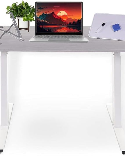 Electric Standing Desk - Adjustable Height Desk with Laptop Stand, Sit Stand Desk, Riser Table (48 inch x 24 inch), Smoothly and Quietly Adjust from 27 to 45 inches, White Frame, Gray Desktop - LeafyLoom