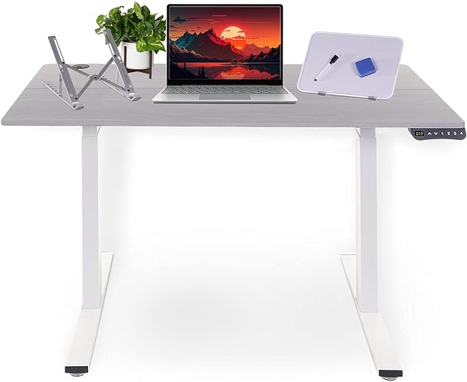 Electric Standing Desk - Adjustable Height Desk with Laptop Stand, Sit Stand Desk, Riser Table (48 inch x 24 inch), Smoothly and Quietly Adjust from 27 to 45 inches, White Frame, Gray Desktop - LeafyLoom