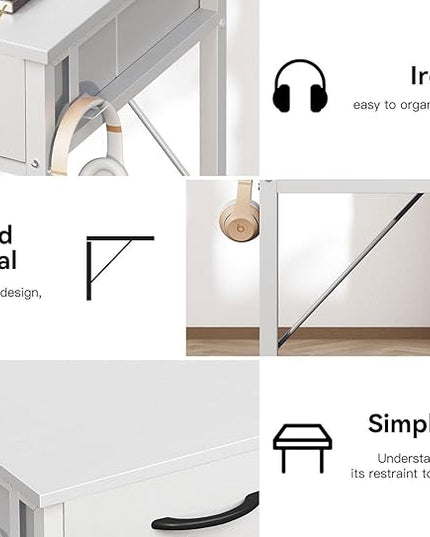 ODK Small Desk with Fabric Drawers- for Bedroom, White Vanity Desk with Storage, Home Office Computer Desk for Small Spaces, 32 Inch Modern Work Writing Study Table, White - LeafyLoom