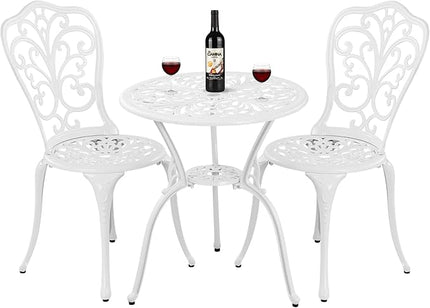 Bistro Set 3 Piece Outdoor Cast Aluminum Patio Bistro Set with Umbrella Hole, All Weather Bistro Table and Chairs Set, Small Patio Furniture Set for Garden, Porch,White - LeafyLoom