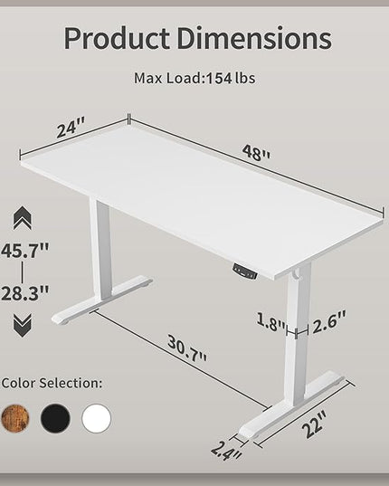 Electric Standing Desk, 48 x 24 Inches Height Adjustable Desk, Sit Stand up Desk for Work Office Home, Ergonomic Rising Computer Table with Memory Preset, White - LeafyLoom