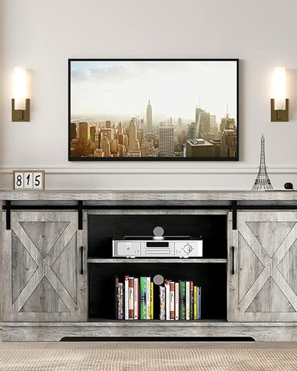 IDEALHOUSE TV Stand Farmhouse Entertainment Center for 65 Inch TV & Media Furniture, Rustic TV Stands with Storage and Barn Doors TV Console Table Under TV Cabinet for Living Room, Rustic Grey - LeafyLoom