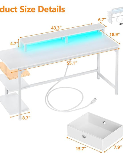 Furologee White Gaming Desk with Charging Station and LED Lights, 55" Office Computer Desk with Reversible Shelves and Fabric Drawer, Study Table with Monitor Stand and 2 Hooks for Home Office - LeafyLoom
