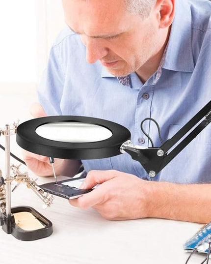 Meichoon LED Desk Lamp with Round Base 5X Magnifying Glass Foldable Arm Eye-Caring USB Table Light 3 Color Modes 10 Brightness Levels for Home Office Reading Makeup Crafts Repair UC38 Black - LeafyLoom