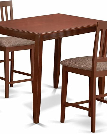 East West Furniture BUVN3-MAH-C Buckland 3 Piece Kitchen Counter Height Dining Set Contains a Rectangle Pub Table and 2 Linen Fabric Upholstered Chairs, 30x48 Inch, Mahogany - LeafyLoom