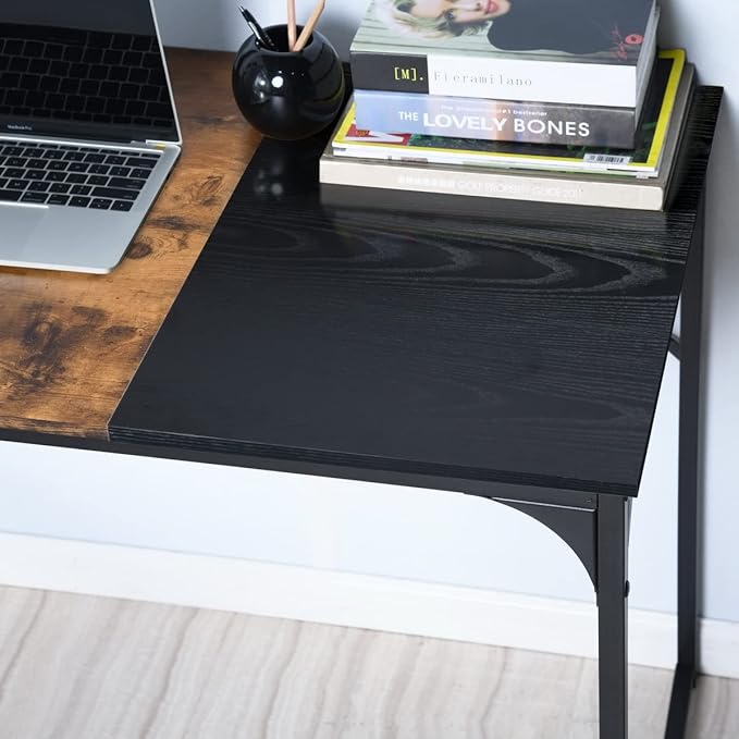 FurnitureR 39.4" Home Office Table Simple Computer Desk Laptop PC Writing Sturdy Metal Frames for Study Room, Brown&Black - LeafyLoom
