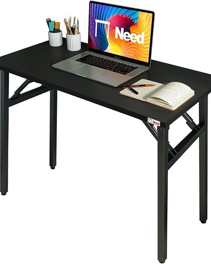 Need Folding Desk - 31 1/2" No Assembly Foldable Small Computer Table,Sturdy and Heavy Duty Writing Desk for Small Spaces, Black&Black Frame - LeafyLoom