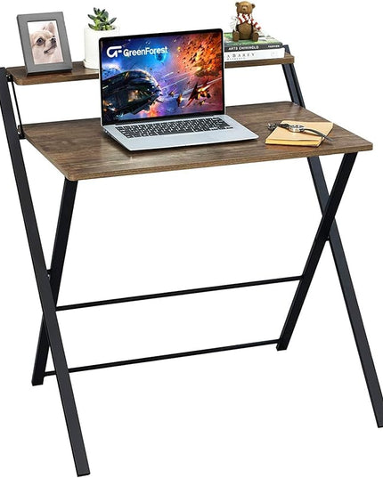 GreenForest Folding Desk No Assembly Required Small Size, 2-Tier Foldable Computer Desk with Shelf for Home Office, Space Saving Portable Laptop Study Foldable Table for Small Spaces, Brown - LeafyLoom