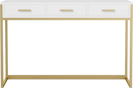 Martha Stewart Ollie Home Office Desk with 3 Drawers in White with Polished Brass Hardware - LeafyLoom