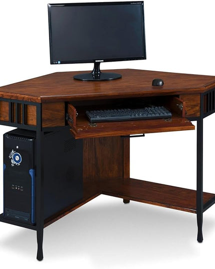 Leick Home 11230 Ironcraft Corner Writing/Computer Rustic Desk with Drawer and Shelf, Mission Oak and Black - LeafyLoom