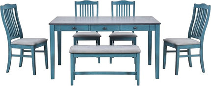 6-Piece Wood Dining Table Set with Drawer, 4 Upholstered Chairs and Bench, for Kitchen, Living Room, Mid-Century Style, Antique Blue, 59" L x 35.4" W x 30.3" H - LeafyLoom