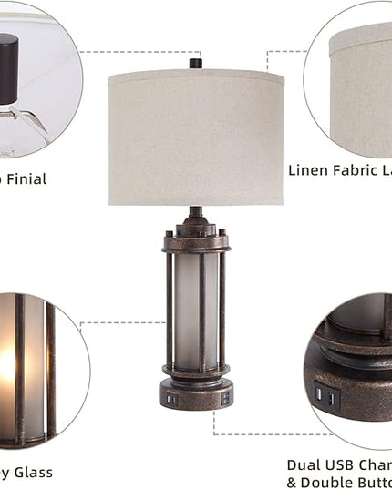 Set of 2 Farmhouse Lamps for Living Room, Rustic Vintage Bedroom Nightstand Table Lamp with 2 USB Charging Ports, Built-In Frosted Glass Night Light for End Table Entryway, 4 Bulbs Included (Bronze) - LeafyLoom