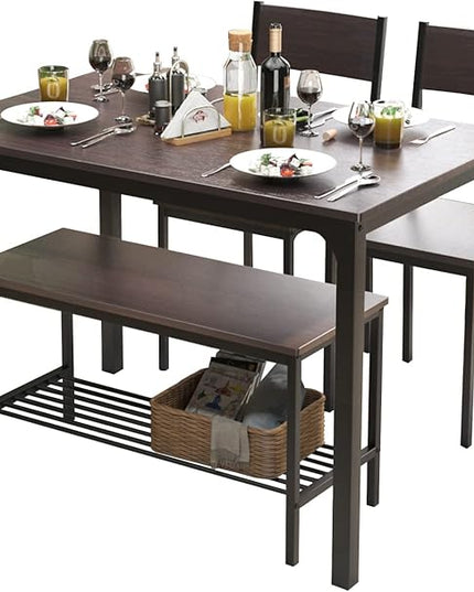 DlandHome 4 Person Dining Table Set, Dining Table with 2 Chairs and 1 Bench,Rectangular Space-Saving Dinner Table with Two Benches for Kitchen,Rustic Oak - LeafyLoom