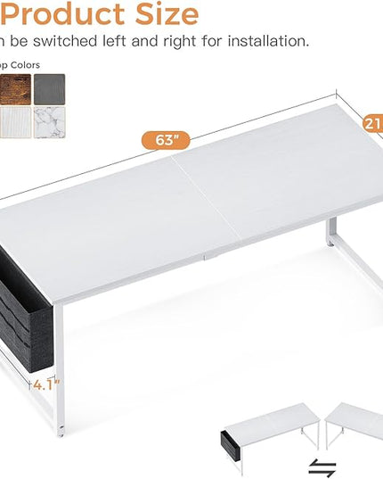 ODK Computer Desk Large Office Desk, 63 Inch Gaming Desk with Storage, Modern PC Desk Work Table with Headphone Hook for Home Office, Spliced Tabletop, White + White Leg - LeafyLoom