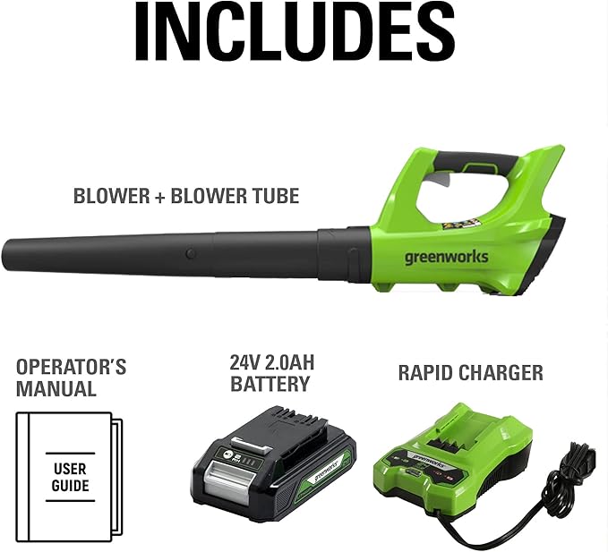 Greenworks 24V Axial Blower (100 MPH / 330 CFM), 2.0Ah Battery and Charger - LeafyLoom