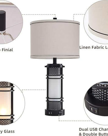 Set of 2 Modern Table Lamps for Living Room, Contemporary Nightstand Lamp with Dual USB Port, Bedside Lamps with White Frosted Glass Night Light for Bedroom, 4 Bulbs Included (Black) - LeafyLoom