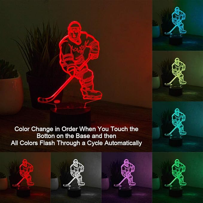 Hockey Player 3D Night Light Lamps for Kids 7 LED Color Changing Touch Table Desk Lamps Lighting Cool Toys Gifts Birthday Xmas Decoration for Sports Hockey Fan - LeafyLoom