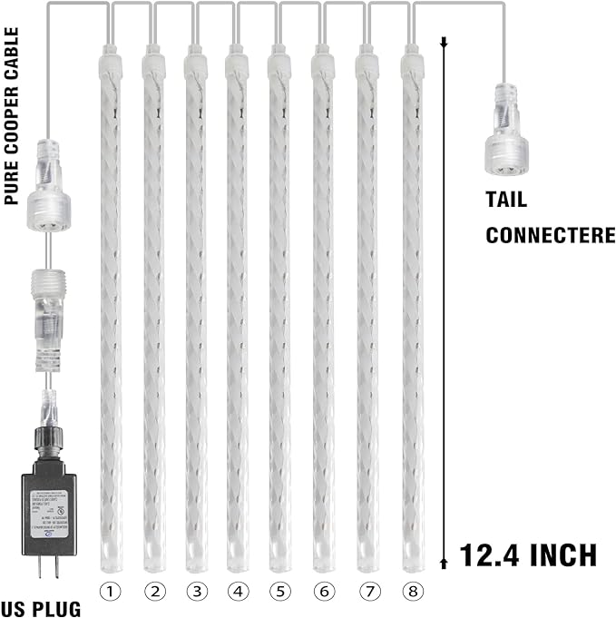 Dazzle Bright 288 LED Christmas Light, 11.8 Inch Meteor Shower Rain Lights with 8 Tubes,Waterproof Plug in Falling Rain Lights Christmas Decorations for Xmas Bushes Tree Yard Party, Blue and White DazzleBright