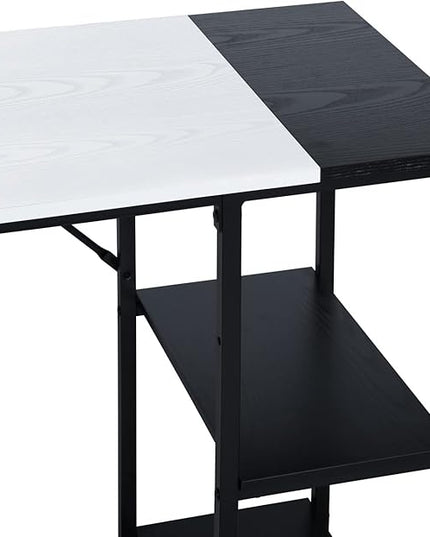 FurnitureR L-Shaped 58.3''Corner Computer Desk with Storage Shelf Long Gaming Desk for Home Office PC Workstation Saving Space Laptop Table (White and Black) - LeafyLoom