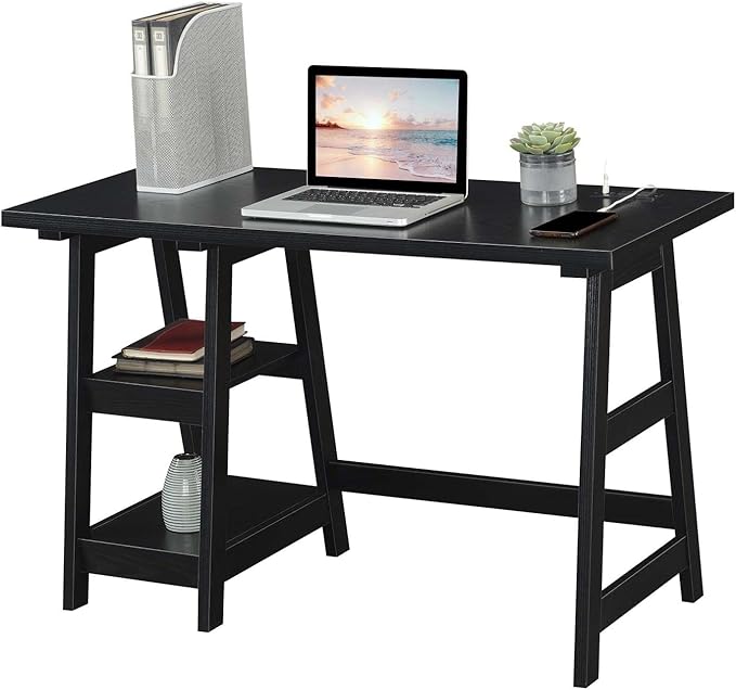 Convenience Concepts Designs2Go Trestle Desk with Charging Station and Shelves, Black - LeafyLoom