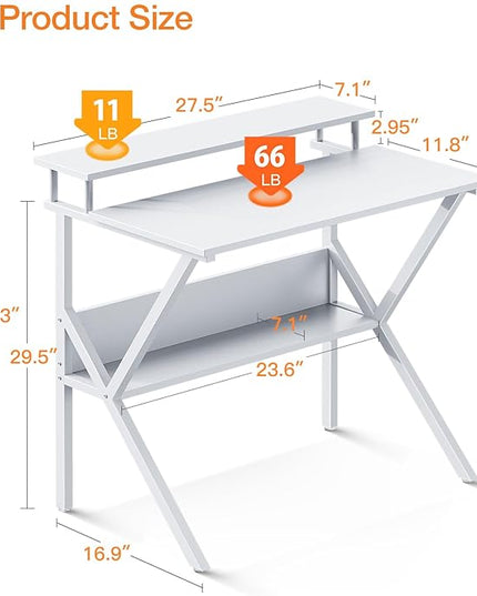 ODK Small Computer Desk, 27.5 inch Desk for Small Spaces with Storage, Compact Table with Monitor & Storage Shelves for Home Office, Modern Style Laptop Desk, Pure White - LeafyLoom