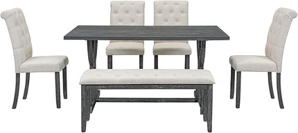 6-Piece Retro Style Rectangular Dining Table Set with Unique Legs and 4 Upholstered Chairs & 1 Bench for Kitchen, Breakfast Nook, Living Room, Gray Wash, 59.8" L x 35.8" W x 30" H - LeafyLoom