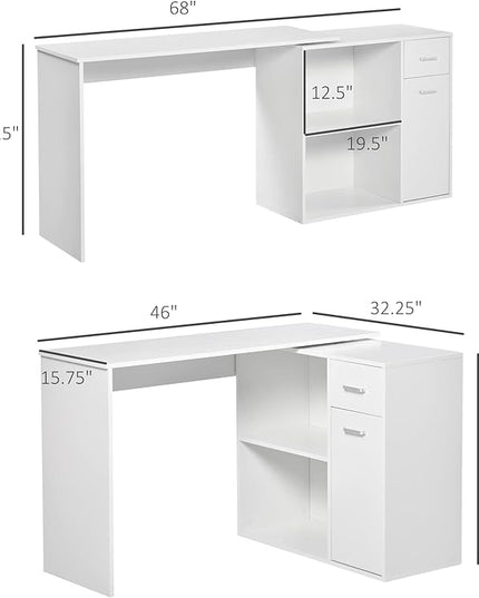 HOMCOM L Shaped Computer Desk, 180° Rotating Corner Desk with Storage Shelves, Drawer and Cabinet, Study Workstation for Home Office, White - LeafyLoom